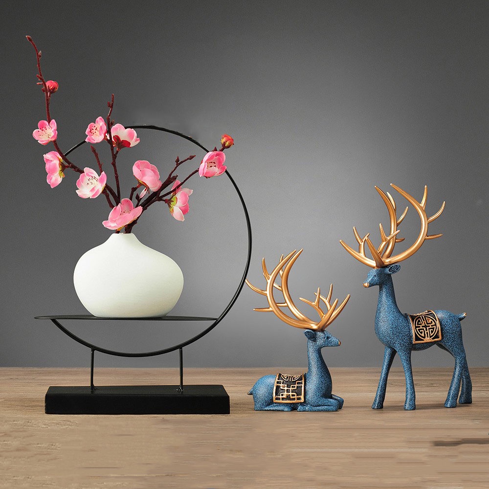 Set bình hoa đào , hoa mai vàng kèm đế tròn đen decor phòng khách nhà cửa