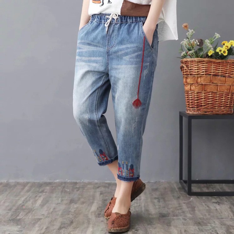 Quần jean bagyy nữ lưng thun eo co giãn size đại bigsize thêu hoa size M đến 3XL