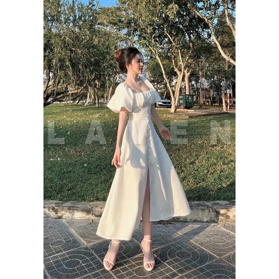 Đầm váy dài xoè tay bồng/phồng nút bọc trắng xanh mint, thời trang hot girl đi chơi chụp hình dạo phố dự tiệc sang trọng