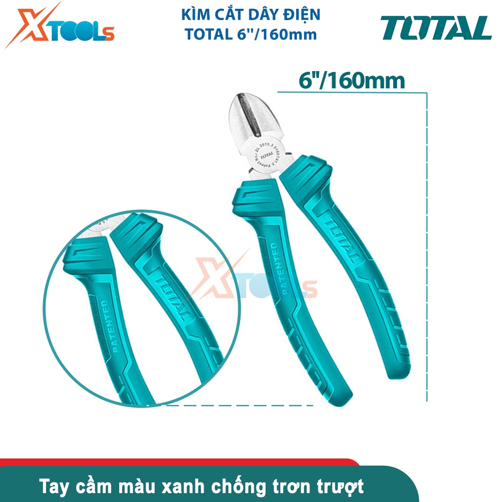 Kềm cắt 6''/160mm TOTAL THT130612, đầu kềm đánh bóng và chống rỉ, cán cầm bằng nhựa chống trơn trượt- CHÍNH HÃNG- XTOOLS