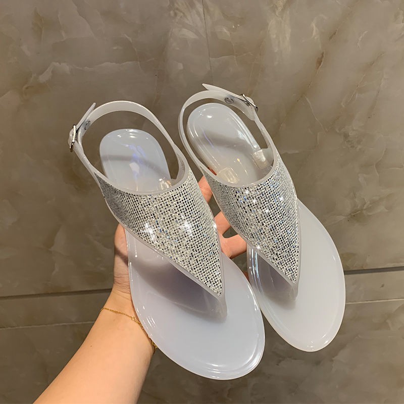 Giày Sandal Xỏ Ngón Bằng Nhựa Pvc Đính Hạt Lấp Lánh Cho Nữ