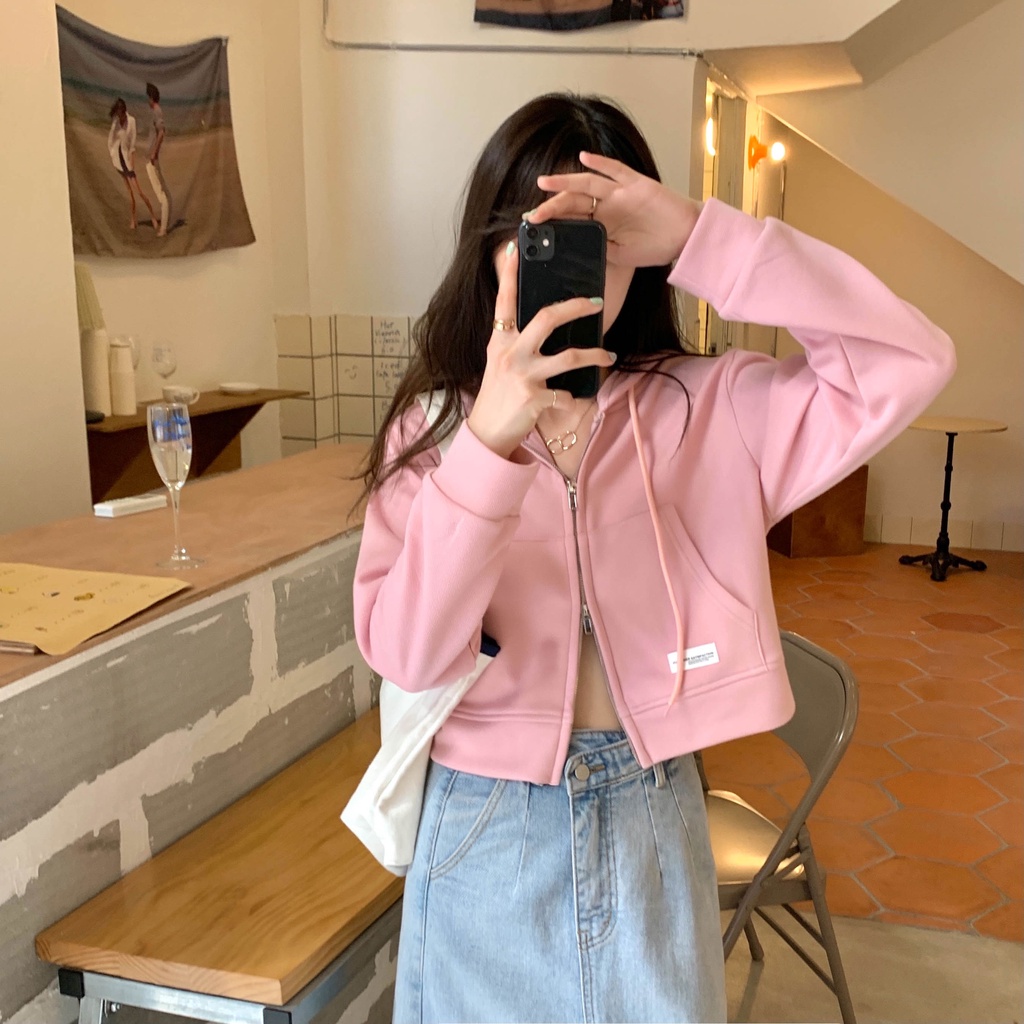 Áo khoác nỉ nữ chất đẹp 2022, áo khoác cardigan hoodie zip tay dài croptop màu hồng, xám, xanh