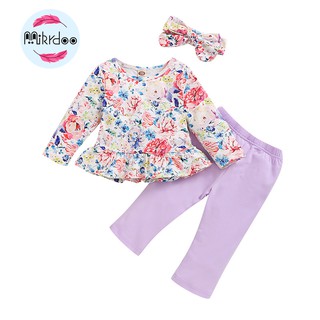 Bộ áo thun tay dài + quần dài + băng đô Mikrdoo in hoa phong cách dễ thương cho bé sơ sinh
