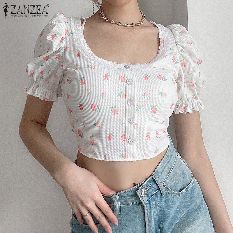 Áo ZANZEA tay phồng cổ chữ U thời trang thanh lịch cho nữ