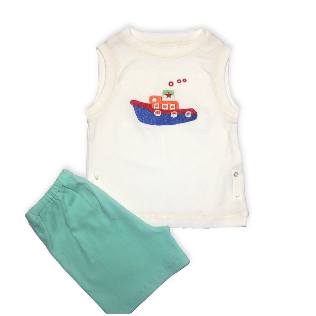 Bộ quần cộc áo ba lỗ 100% cotton xanh mint - trắng cho bé trai từ 3 tháng - 5 tuổi