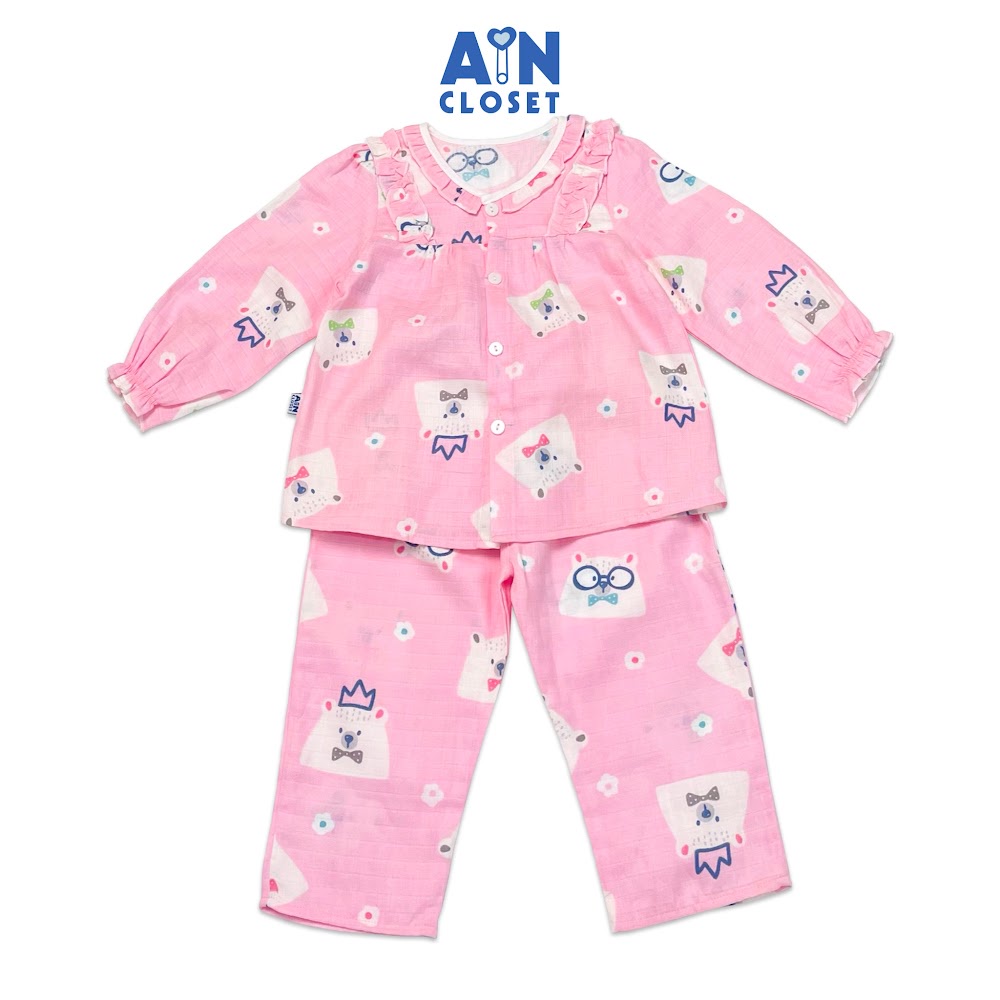 Bộ quần áo dài bé gái họa tiết Gấu Bắc Cực nền hồng xô sợi tre - AICDBGOR5M1I - AIN Closet