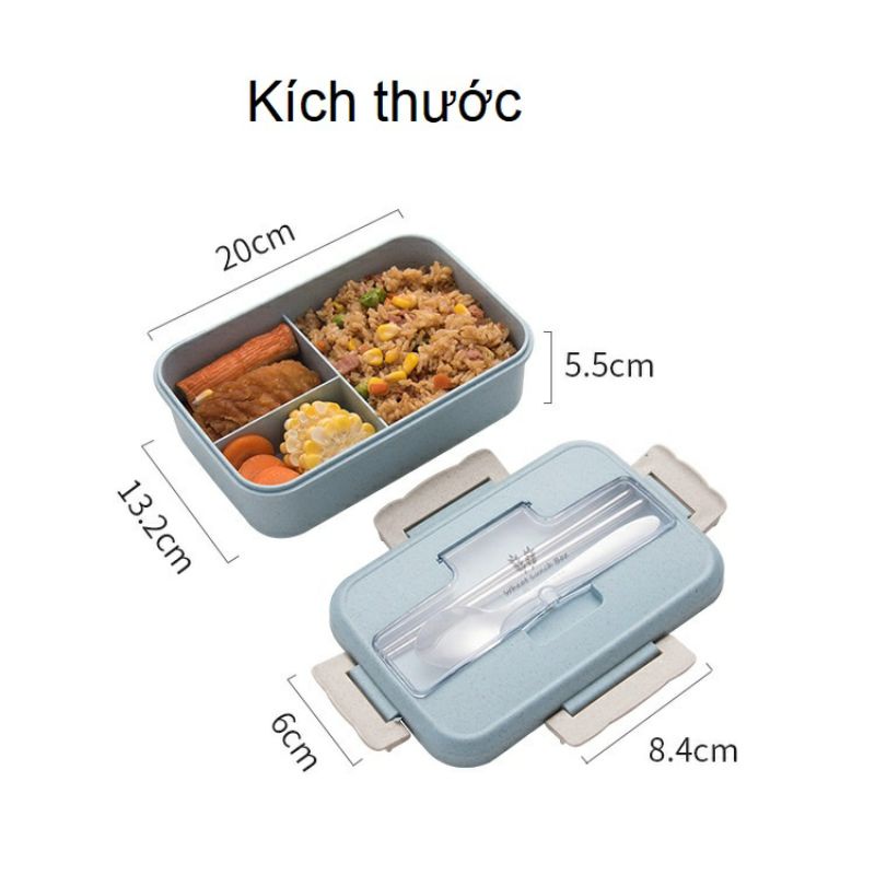 Hộp đựng cơm lúa mạch 3 ngăn, hộp cơm văn phòng tặng kèm thìa và  nĩa