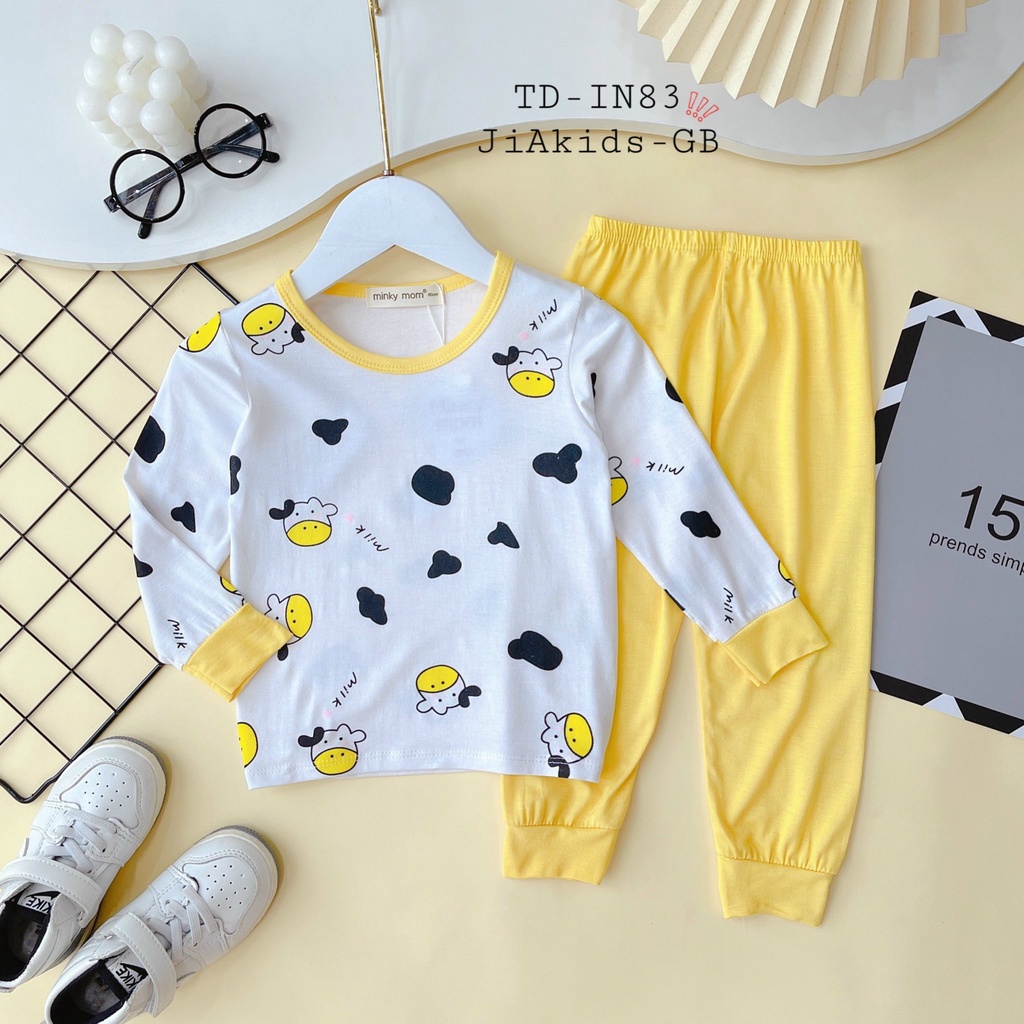 [Bé 8-27kg] Bộ Dài Tay Minky Mom Vải Thun lạnh, Áo In Động Vật Phối Quần Màu Cho Bé Gái, Bé Trai 0-7 Tuổi - TD-IN83
