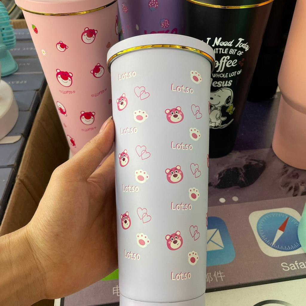 Ly Giữ Nhiệt Gấu Dâu LOTSO 750ML, Bình Giữ Nhiệt Inox 304 Tặng Kèm Ống Hút Cọ Vệ Sinh