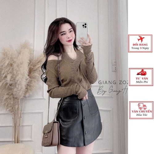Áo len thừng nữ hở vai dáng ôm body màu nâu be đen ulzzang Hàn Quốc thu đông