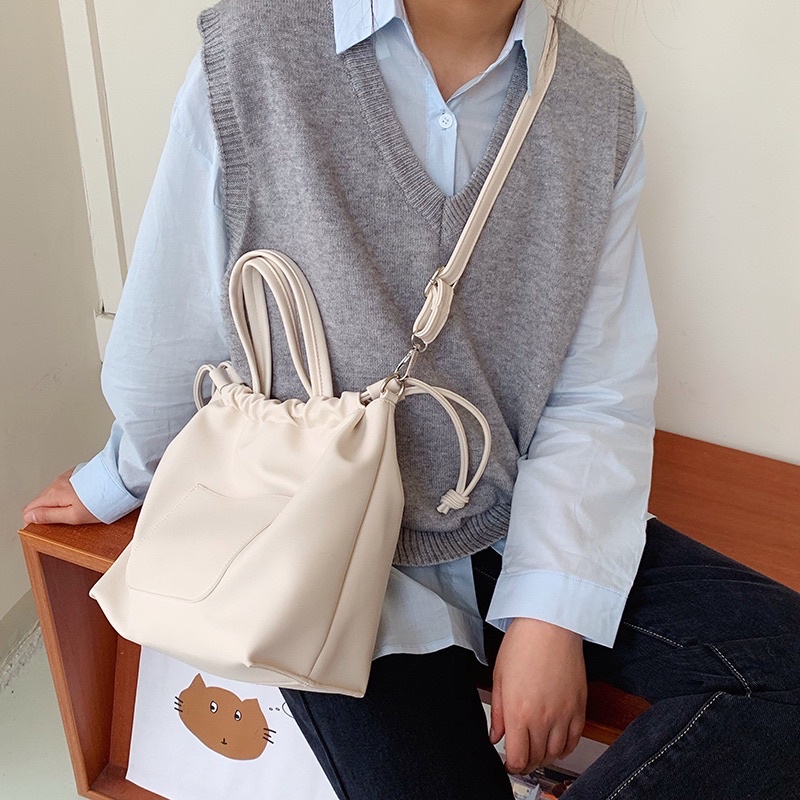(Có sẵn Đen/Trắng)Túi rút túi đeo chéo dáng to da Pu chất da đẹp kiểu dáng ulzzang Hàn quốc MS9724