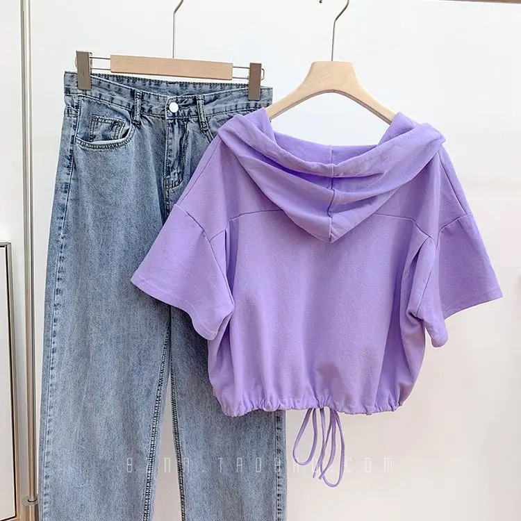 Áo Thun Cotton Tay Ngắn Có Mũ Trùm Đầu Phong Cách Đường Phố Mùa Hè Cho Bé Gái 7-13 Tuổi