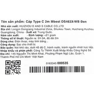 Cáp Type C 2m Mbest DS463X-WB Đen