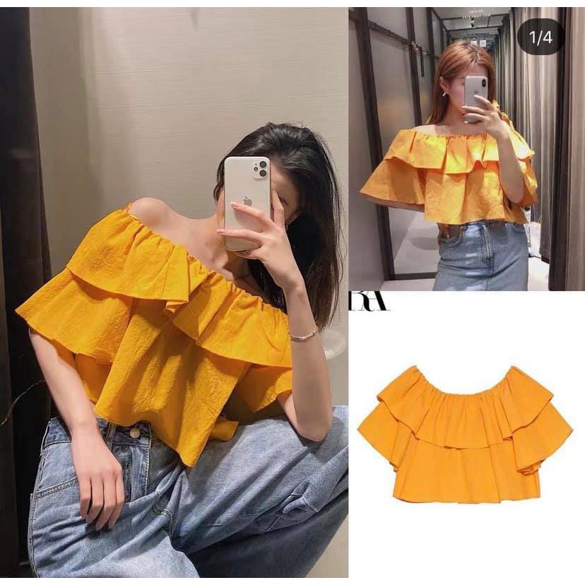 Áo nữ trễ vai  xếp tầng màu vàng chất đũi chất thô mềm bo chun