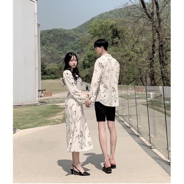 Đồ đôi nam nữ 🎀FREESHIP🎀 áo đôi hoa lá đi biển du lịch chụp cưới đầm nữ maxi sơ mi nam dài tay Hàn Quốc couple AV48 .