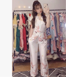 BỘ LỤA SATIN TAY NGẮN CHIM PHƯỢNG