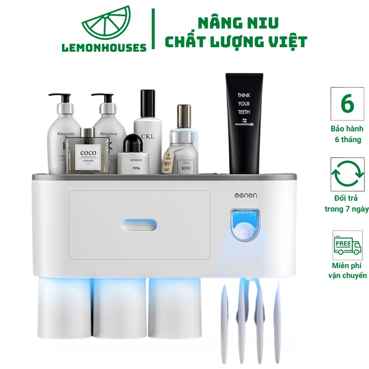 Bộ Nhả Kem Đánh Răng Tự Động Kích Thước 35x22x12cm, Kệ Nhả Kem Đánh Răng Bộ 3 Cốc Tiện Ích Hút Từ Tính, Lấy Kem Tự Động
