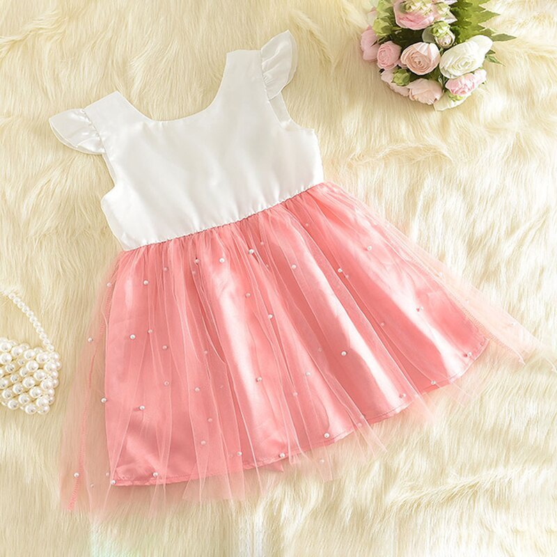 BEAR LEADER Đầm Công Chúa Phối Ren Đính Nơ Màu Trơn Đính Ngọc Trai Thời Trang Mùa Hè Xinh Xắn Cho Bé Gái