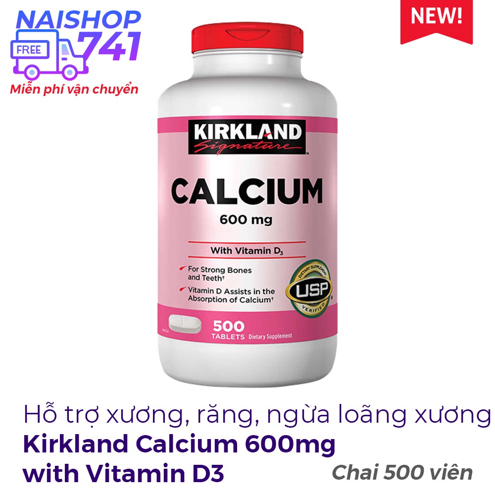 Kirkland Calcium 600mg with Vitamin D3 chắc xương, răng, ngừa loãng xương, Chai 500 viên