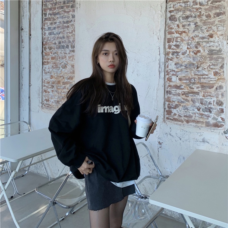 Porozi Áo sweater  cổ tròn in chữ phong cách Hàn Quốc dành cho nữ