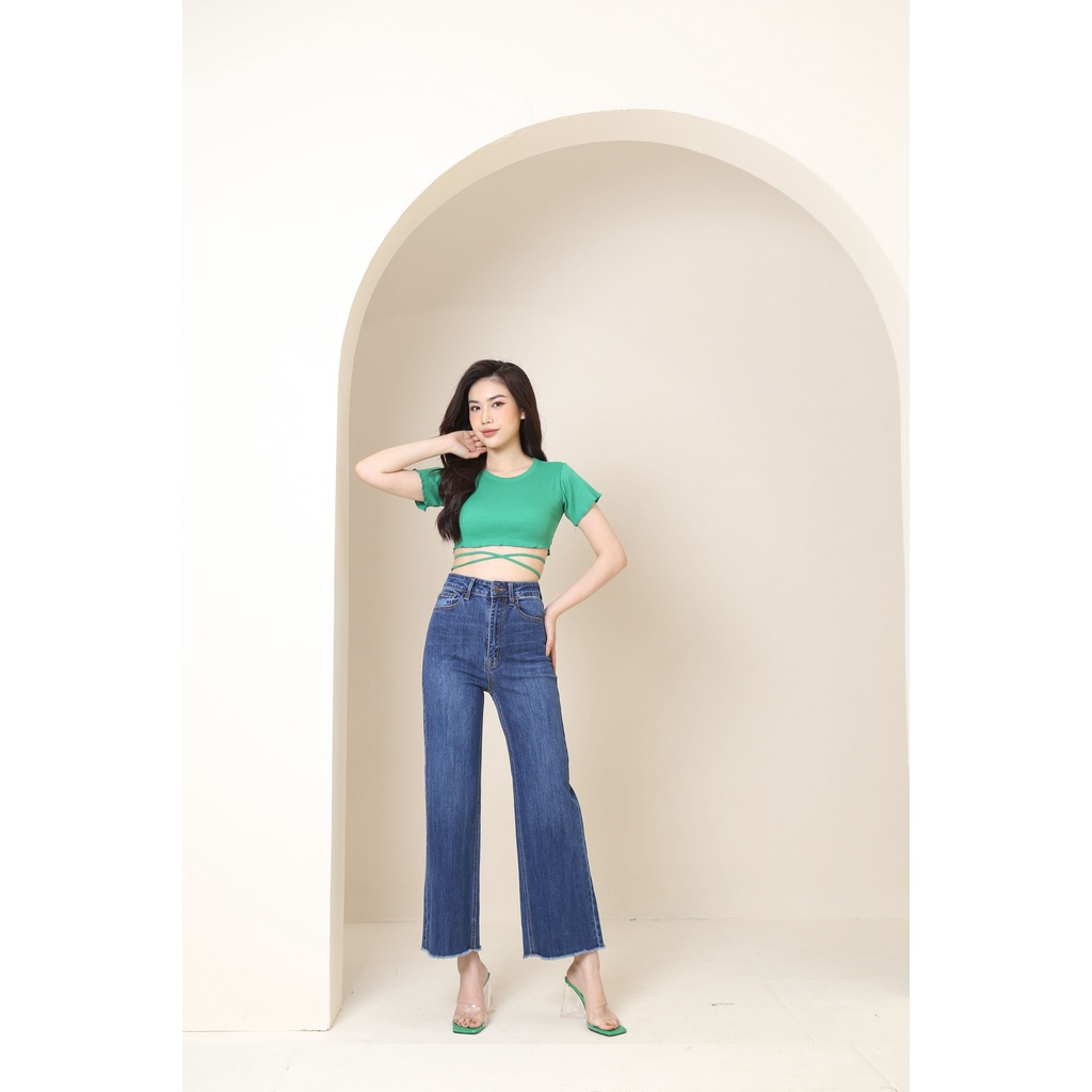 Quần Jean Nữ Ống Rộng Lưng Cao  Trơn Gấu Tua Rua  CT Jeans