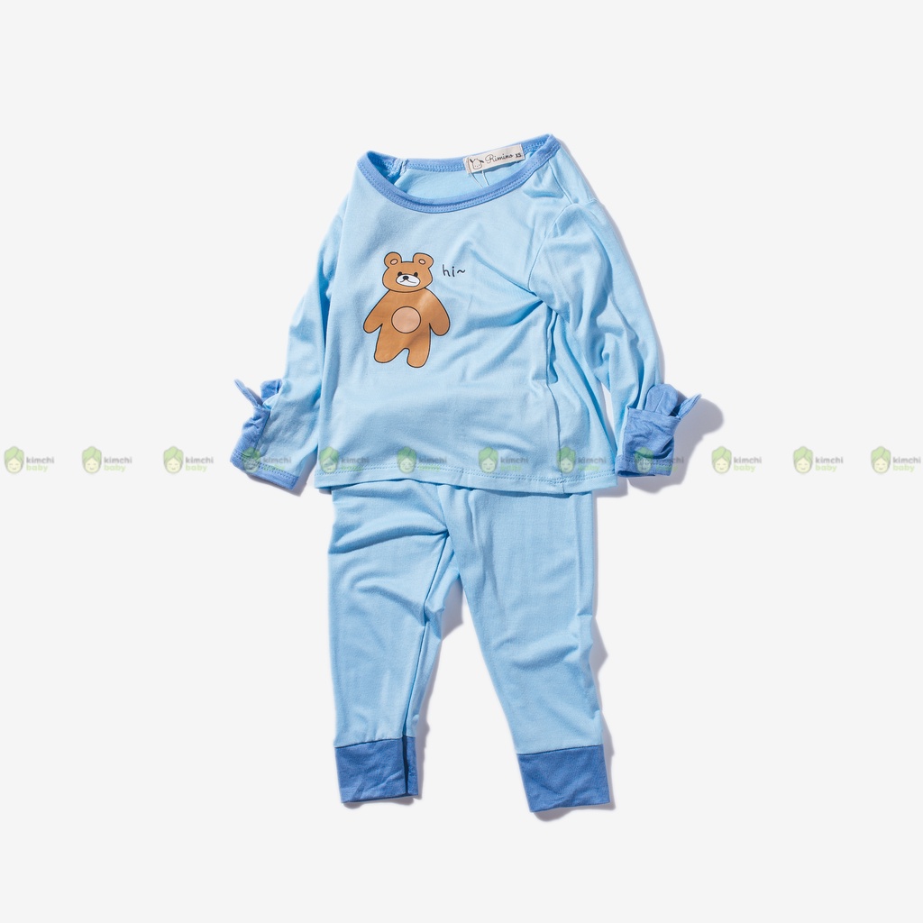 Bộ Dài Tay Bé Gái, Bé Trai KIMCHIBABY Vải Thun Lạnh Hoạ Tiết Gấu Bear Tay Lật, Bộ Quần Áo Trẻ Em Thu Đông KWTD2203
