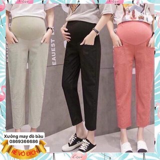Quần bầu chất đũi cao cấp siêu mát Ko nhăn☘️quần bầu baggy có đáp bụng và chun chỉnh🌸Size từ S đến 3XL