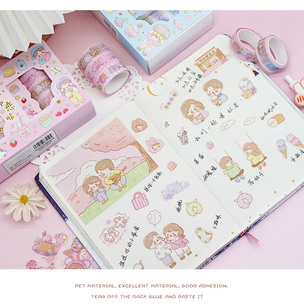 5 Cuộn băng keo dán trang trí sổ tay họa tiết hoạt hình dễ thương kèm 9 sticker diy