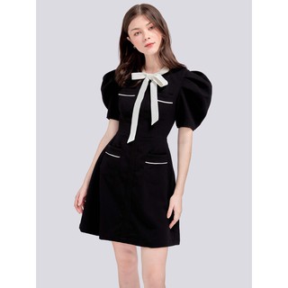 RECHIC Đầm Ladiva Màu Đen cổ tròn tay phồng phối nơ sang trọng thời thượng dạo phố công sở