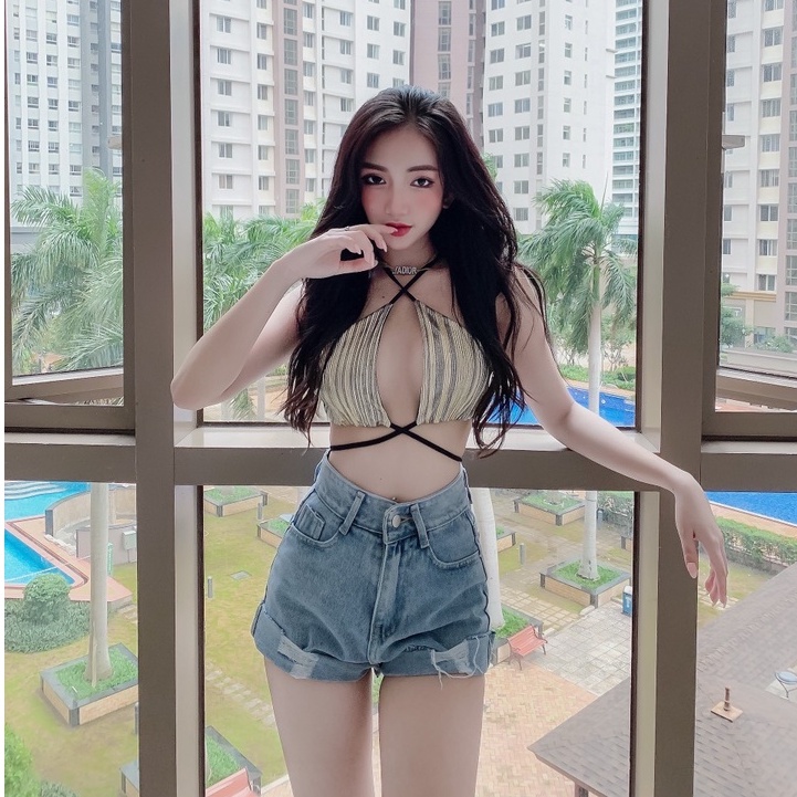 Áo croptop sexy X neck + quần short jean cắt túi