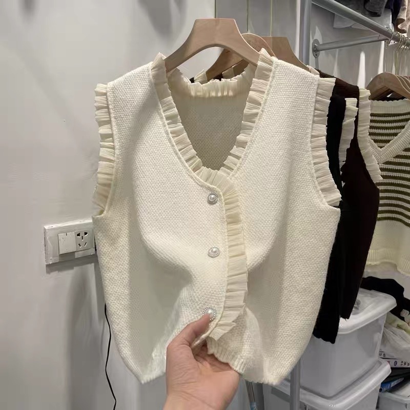 Áo Sweater Dệt Kim Không Tay Cổ Chữ v Phối Ren Phong Cách Retro Hàn Quốc