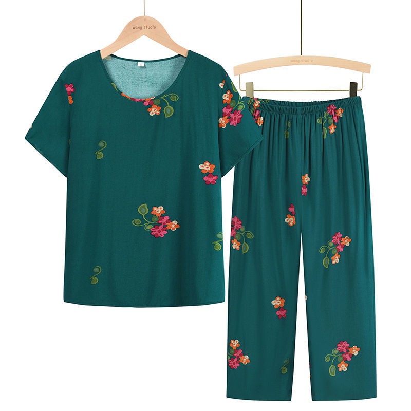 Bộ đồ ngủ vải cotton lụa cho phụ nữ trung niên và cao tuổi mặc ngoài nhà mỏng phong cách phục vụ ở ngắn tayJ