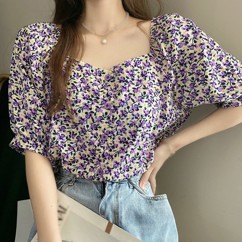 Áo voan kiểu tay ngắn thiết kế trễ vai phong cách cổ điển dành cho nữ