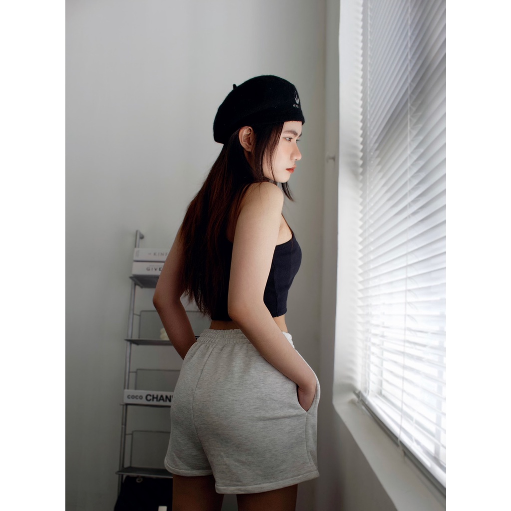 Quần Short Basic nữ trơn cạp chun cotton HEIMSKA xám trắng đứng dáng phong cách thể thao (kèm feedback)