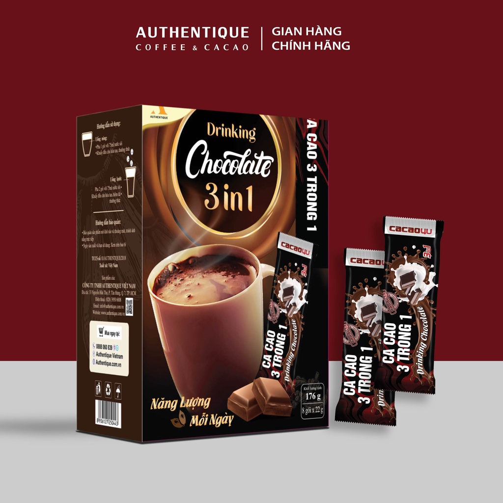 Bột Cacao sữa 3in1 Drinking Chocolate - Hộp 8 gói x 22g  - Đậm vị Socola | Authentique Cacao