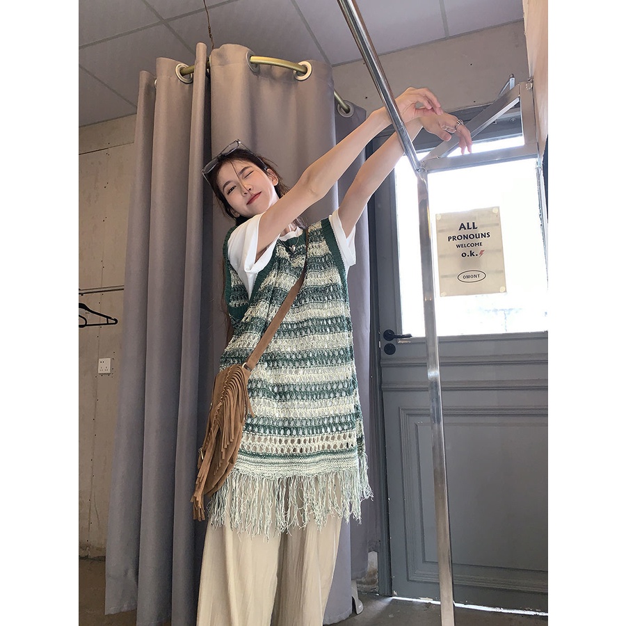 Áo Nữ Dệt Kim Không Tay Họa Tiết Sọc Ngang Thời Trang