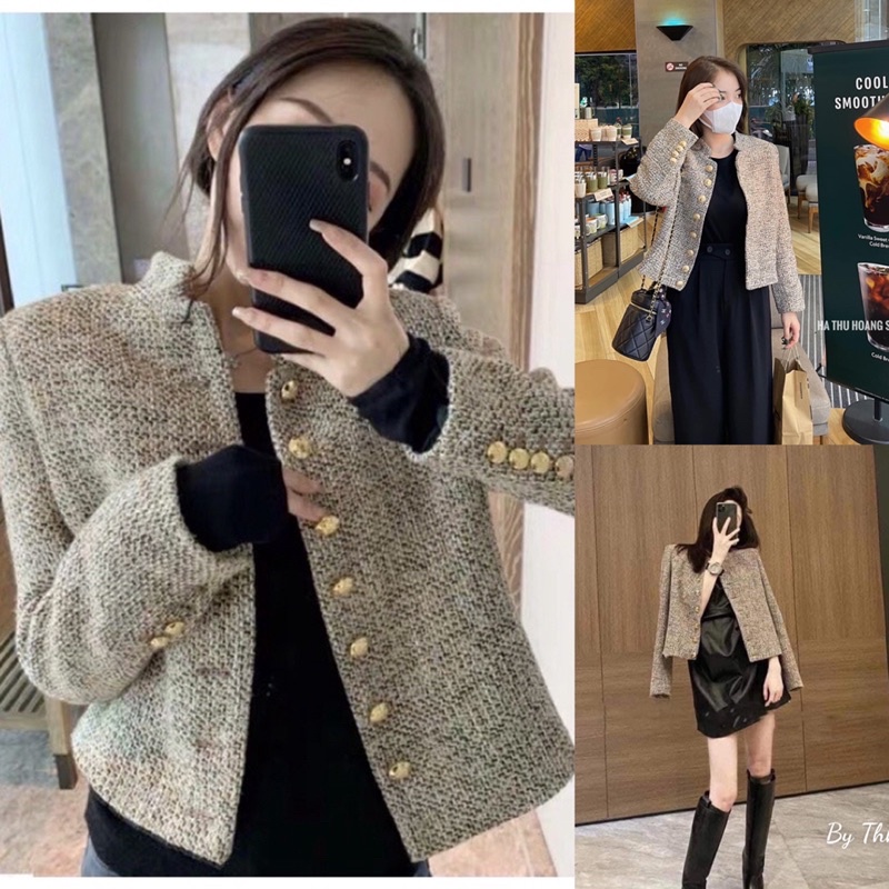 Áo Dạ Tweed  Màu Tiêu Cúc Vàng 2 Lớp + Đệm Vai Hàng Quảng Châu Cao Cấp