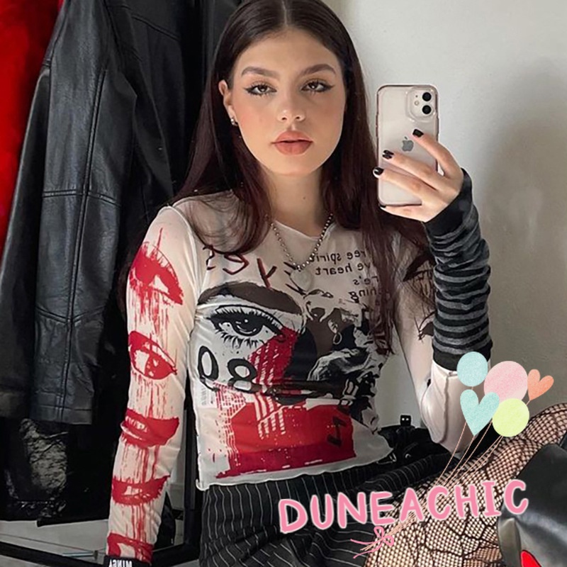 DUNEA Áo thun tay dài phối lưới in họa tiết cá tính thời trang cho nữ