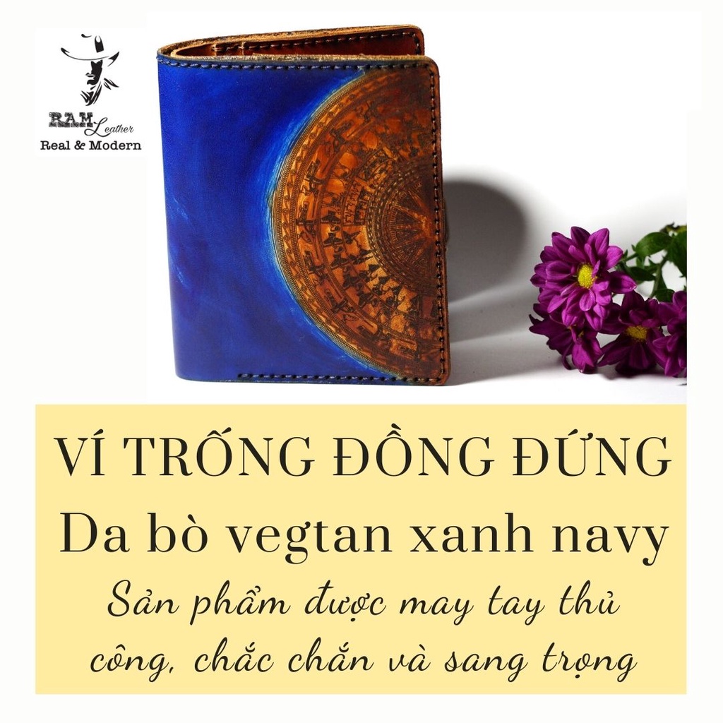 Ví nam handmade da bò vegtan Italia handmade bền chắc khắc Trống Đồng Việt Nam màu xanh dương RAM Leather