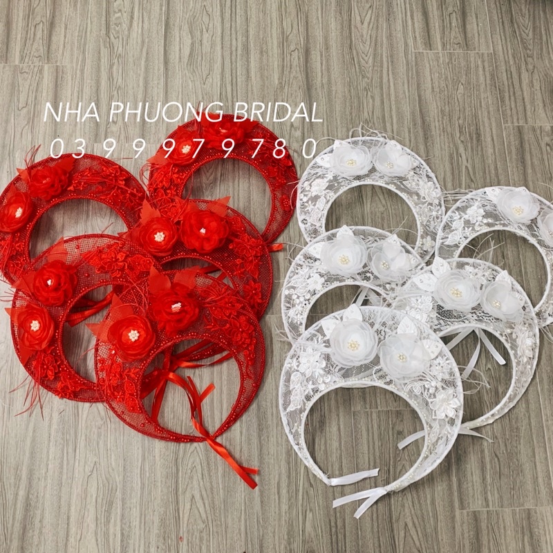 Mấn Vành Ren Trắng Đính Hoa Nổi Và Lông Vũ Xinh Xắn-Mấn đội đầu cô dâu