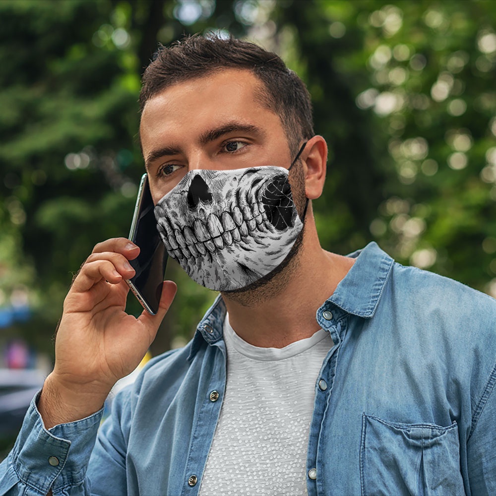 khẩu trang vải đen hàn quốc SKULLS_1284 CARTWELL poly cotton 100%,  chống bụi in họa tiết 3d thời trang