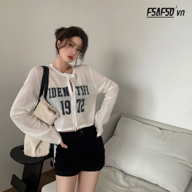 Áo Khoác Cardigan Dệt Kim Mỏng Tay Dài Dáng Rộng In Chữ Thời Trang Mùa Hè Cho Nữ