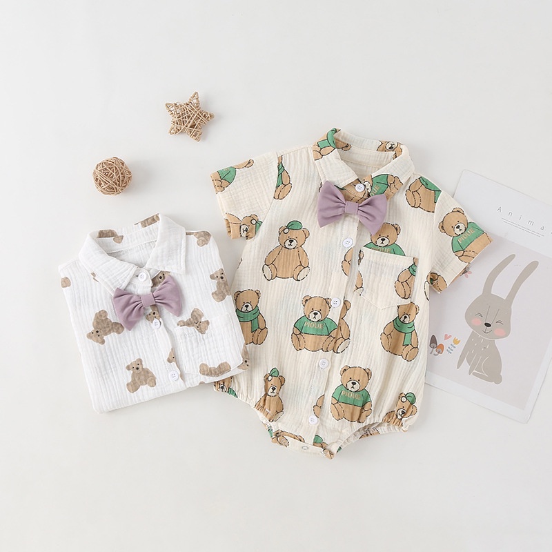 Summer Baby Clothes for Boys Bow Tie Short Sleeve Romper Bear Pattern Newborn Jumpsuit Bodysuit 0-24 Months