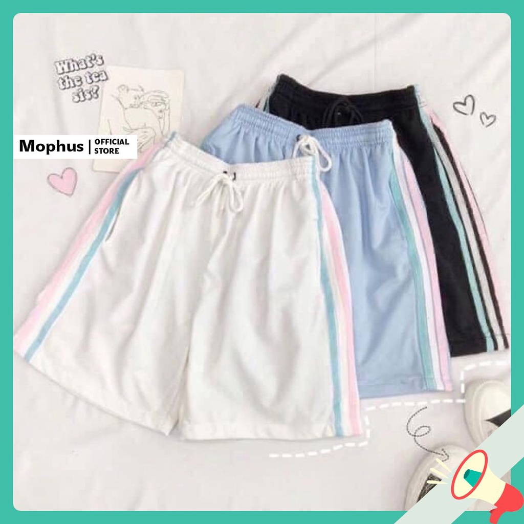 Quần short đùi 3 sọc rainbow Mophus shorts ống rộng cạp chun trơn màu đen, trắng, xanh