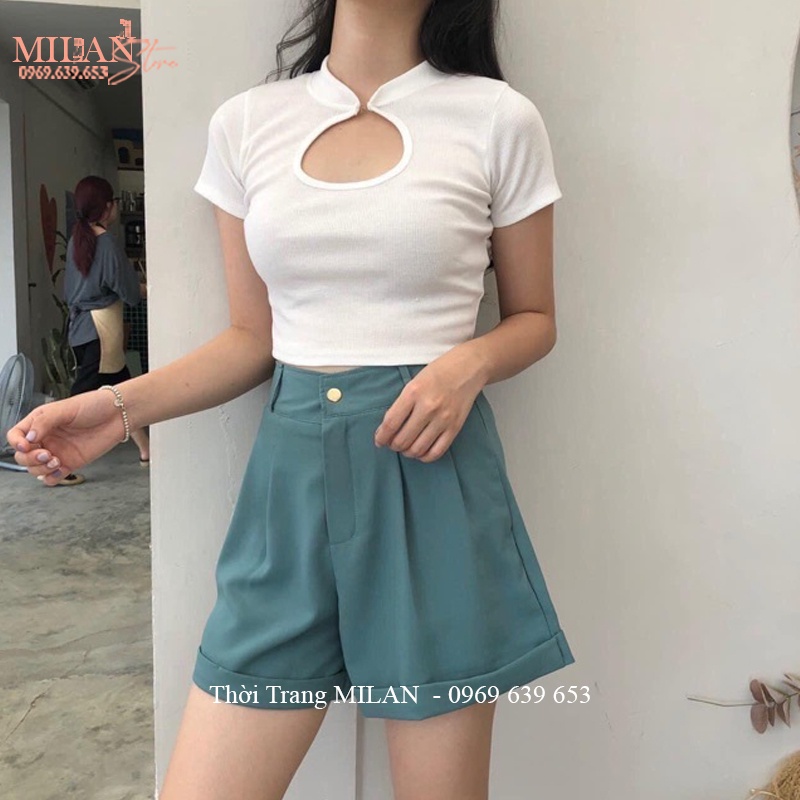 Quần đùi gập gấu cạp cao khuy cài khóa giữa mặc đi biển đẹp