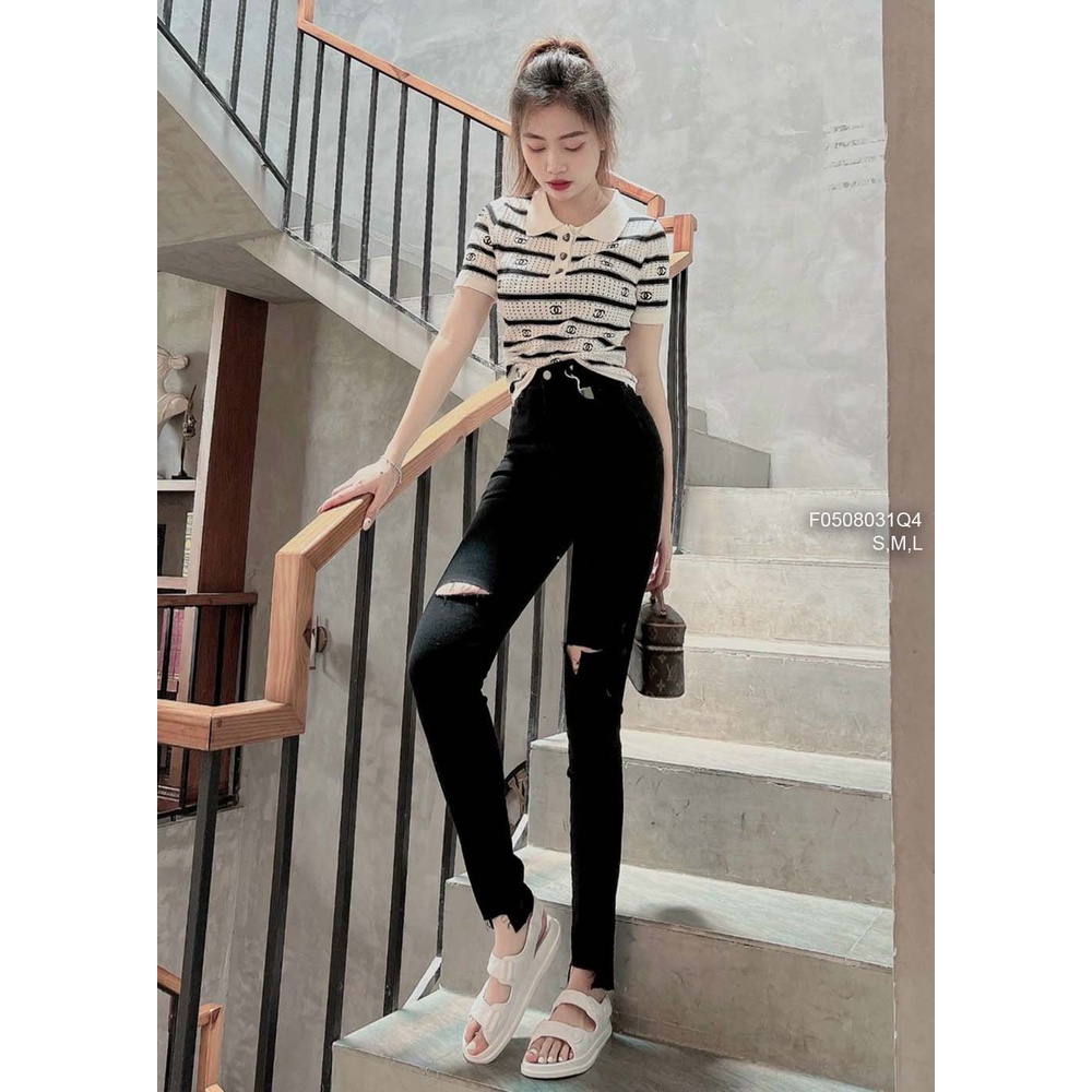 Quần jean đen dài ôm cắt đùi hai bên lưng cao tôn dáng!
