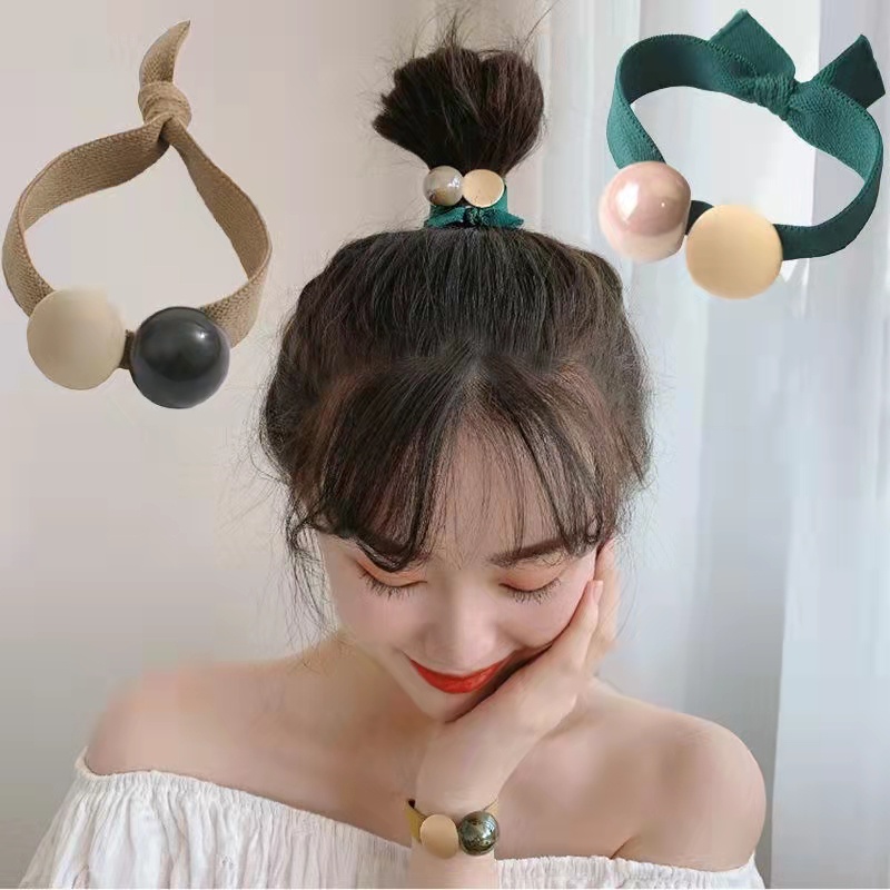 Dây buộc tóc cao su co giãn đính hạt tròn thời trang đơn giản dễ phối đồ