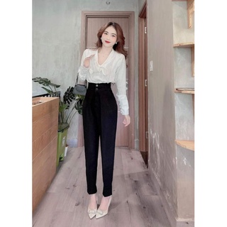 quần baggy công sở đen cạp cao 2 cúc