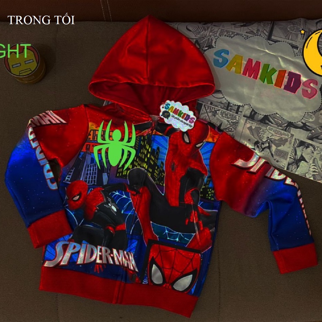 Áo khoác siêu nhân người nhện in logo dạ quang có nón cho bé trai AKBT13