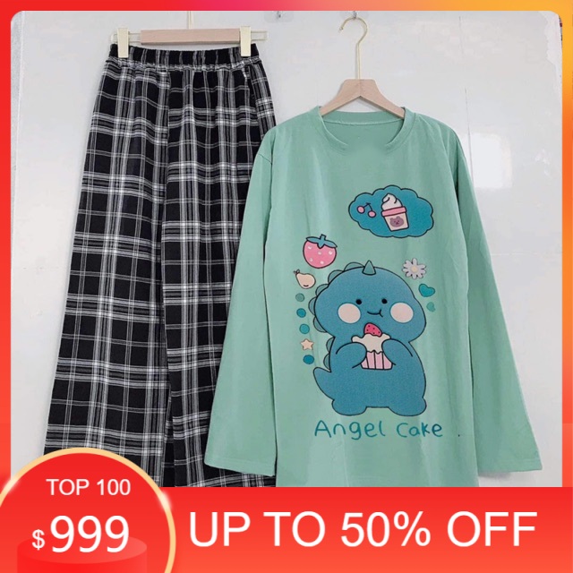 Sét áo khủng Long kem tay dài + quần kẻ đen KT12 , áo thun nam nữ, quần khaki, quần nữ, sét bộ mặc ở nhà MODY